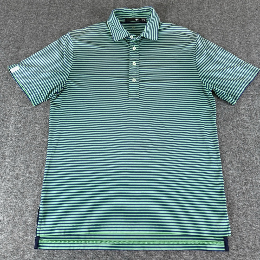 RLX Ralph Lauren Polo Shirt Mens Small Green Blue Striped Golf Wicking